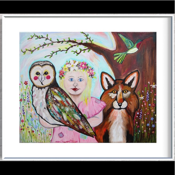 Blossom Fox Owl Art Print Oil Painting Flowers Child Portrait Whimsical Decor - Picture 4 of 9